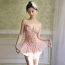 Body com decote em V profundo, bordado floral e abertura na virilha